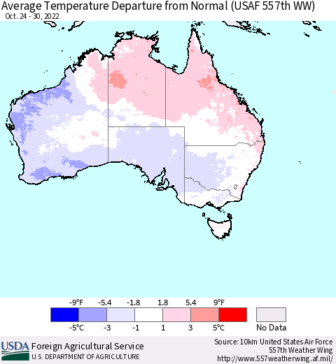 Australia Average Temperature Departure from Normal (USAF 557th WW) Thematic Map For 10/24/2022 - 10/30/2022