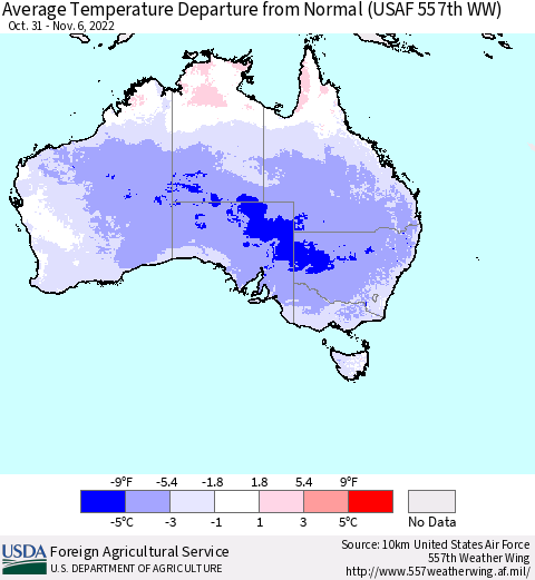 Australia Average Temperature Departure from Normal (USAF 557th WW) Thematic Map For 10/31/2022 - 11/6/2022