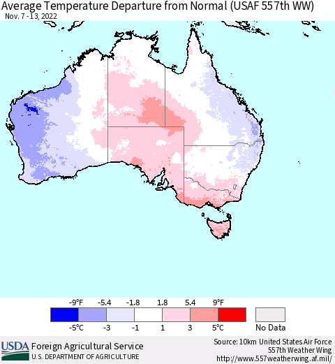 Australia Average Temperature Departure from Normal (USAF 557th WW) Thematic Map For 11/7/2022 - 11/13/2022