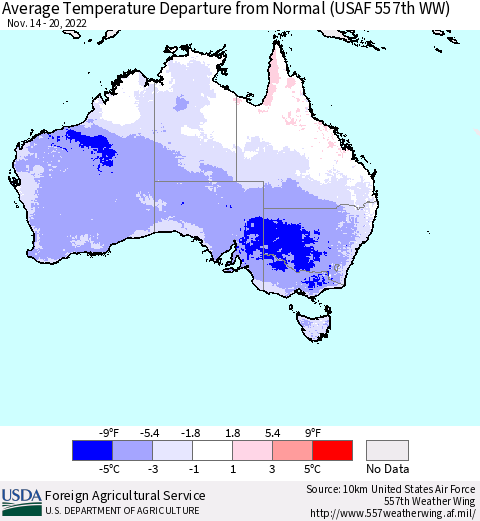 Australia Average Temperature Departure from Normal (USAF 557th WW) Thematic Map For 11/14/2022 - 11/20/2022