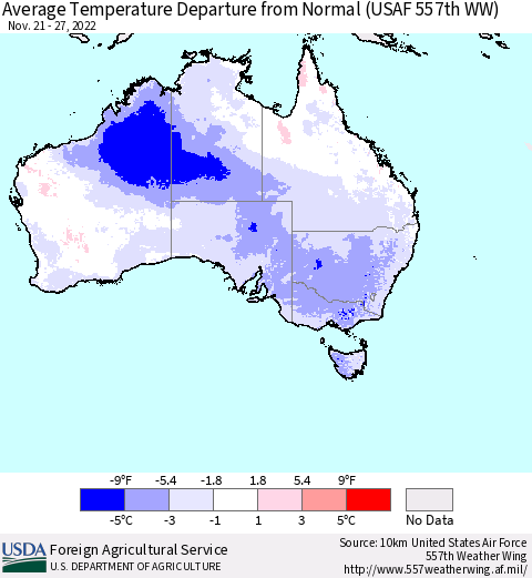 Australia Average Temperature Departure from Normal (USAF 557th WW) Thematic Map For 11/21/2022 - 11/27/2022