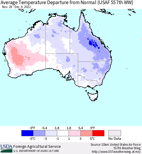 Australia Average Temperature Departure from Normal (USAF 557th WW) Thematic Map For 11/28/2022 - 12/4/2022