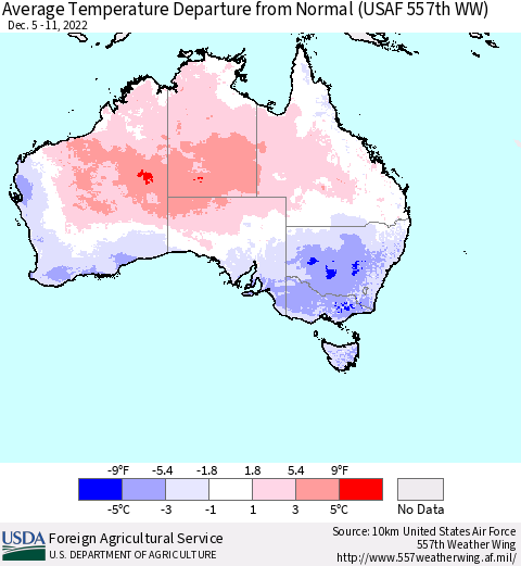 Australia Average Temperature Departure from Normal (USAF 557th WW) Thematic Map For 12/5/2022 - 12/11/2022
