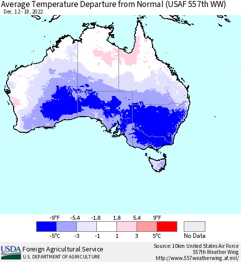 Australia Average Temperature Departure from Normal (USAF 557th WW) Thematic Map For 12/12/2022 - 12/18/2022