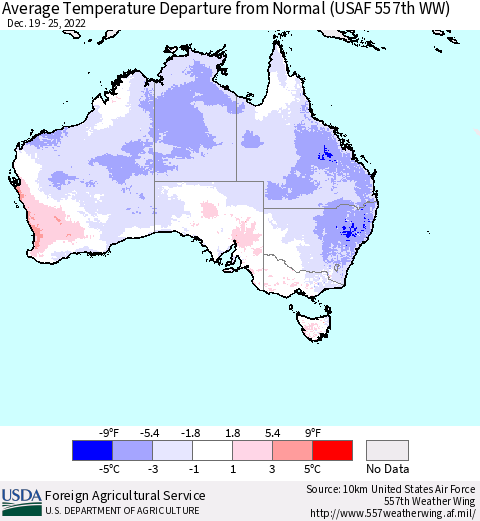 Australia Average Temperature Departure from Normal (USAF 557th WW) Thematic Map For 12/19/2022 - 12/25/2022