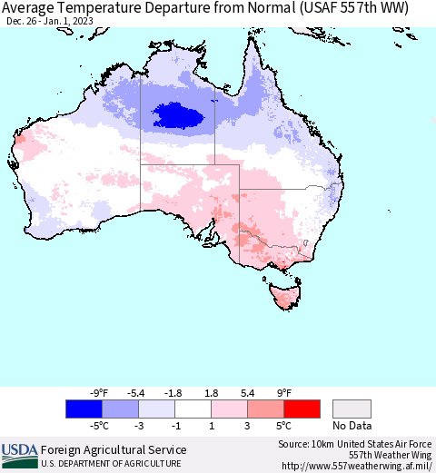Australia Average Temperature Departure from Normal (USAF 557th WW) Thematic Map For 12/26/2022 - 1/1/2023