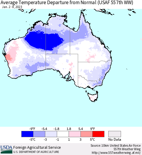 Australia Average Temperature Departure from Normal (USAF 557th WW) Thematic Map For 1/2/2023 - 1/8/2023