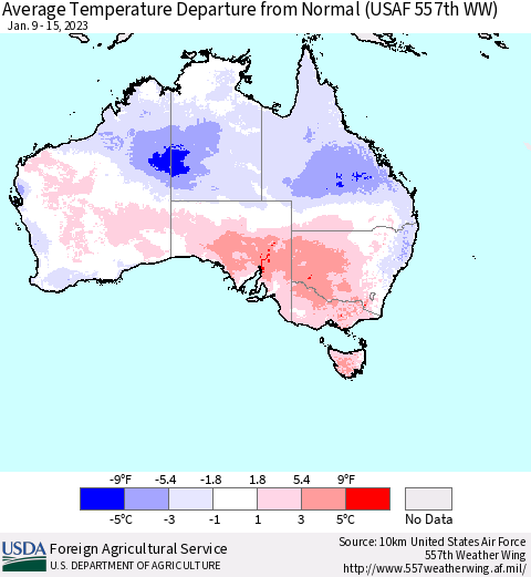 Australia Average Temperature Departure from Normal (USAF 557th WW) Thematic Map For 1/9/2023 - 1/15/2023