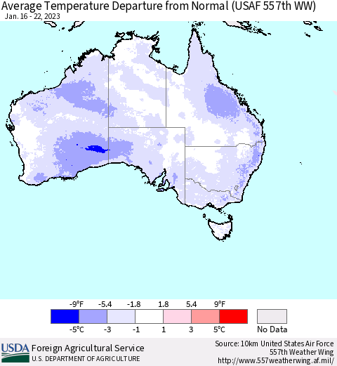 Australia Average Temperature Departure from Normal (USAF 557th WW) Thematic Map For 1/16/2023 - 1/22/2023