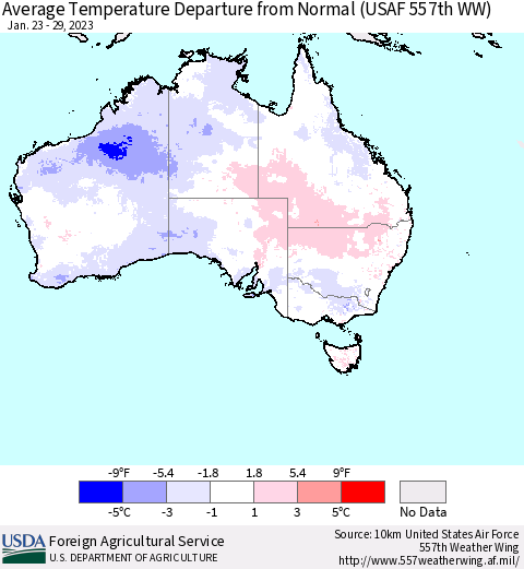 Australia Average Temperature Departure from Normal (USAF 557th WW) Thematic Map For 1/23/2023 - 1/29/2023