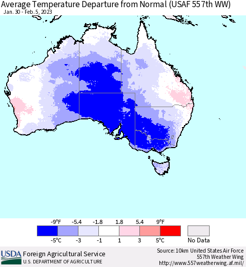 Australia Average Temperature Departure from Normal (USAF 557th WW) Thematic Map For 1/30/2023 - 2/5/2023