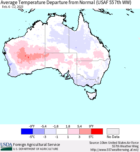 Australia Average Temperature Departure from Normal (USAF 557th WW) Thematic Map For 2/6/2023 - 2/12/2023