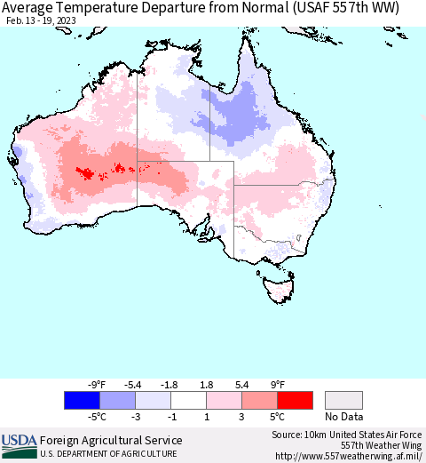 Australia Average Temperature Departure from Normal (USAF 557th WW) Thematic Map For 2/13/2023 - 2/19/2023