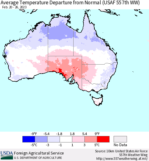 Australia Average Temperature Departure from Normal (USAF 557th WW) Thematic Map For 2/20/2023 - 2/26/2023