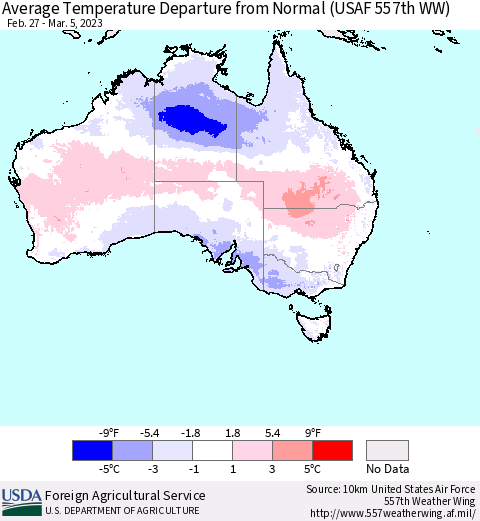 Australia Average Temperature Departure from Normal (USAF 557th WW) Thematic Map For 2/27/2023 - 3/5/2023