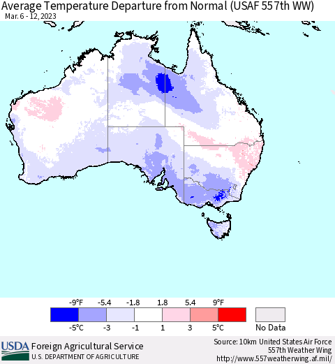Australia Average Temperature Departure from Normal (USAF 557th WW) Thematic Map For 3/6/2023 - 3/12/2023
