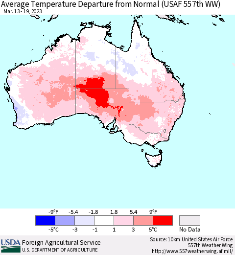Australia Average Temperature Departure from Normal (USAF 557th WW) Thematic Map For 3/13/2023 - 3/19/2023