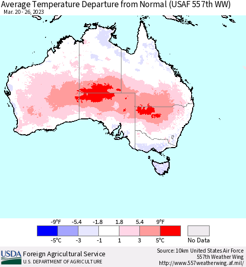 Australia Average Temperature Departure from Normal (USAF 557th WW) Thematic Map For 3/20/2023 - 3/26/2023