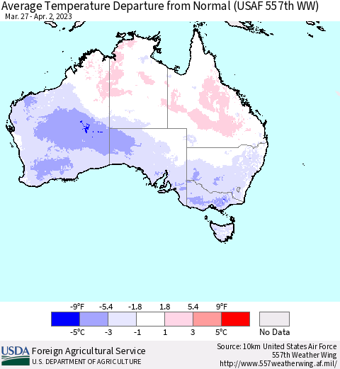 Australia Average Temperature Departure from Normal (USAF 557th WW) Thematic Map For 3/27/2023 - 4/2/2023