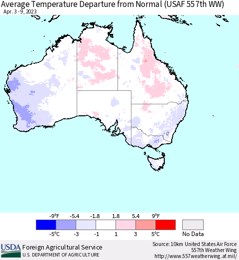 Australia Average Temperature Departure from Normal (USAF 557th WW) Thematic Map For 4/3/2023 - 4/9/2023