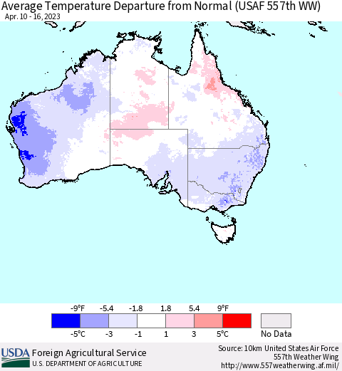 Australia Average Temperature Departure from Normal (USAF 557th WW) Thematic Map For 4/10/2023 - 4/16/2023