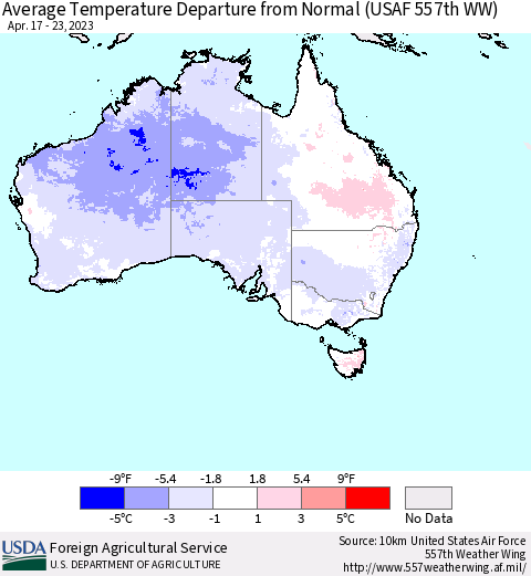 Australia Average Temperature Departure from Normal (USAF 557th WW) Thematic Map For 4/17/2023 - 4/23/2023