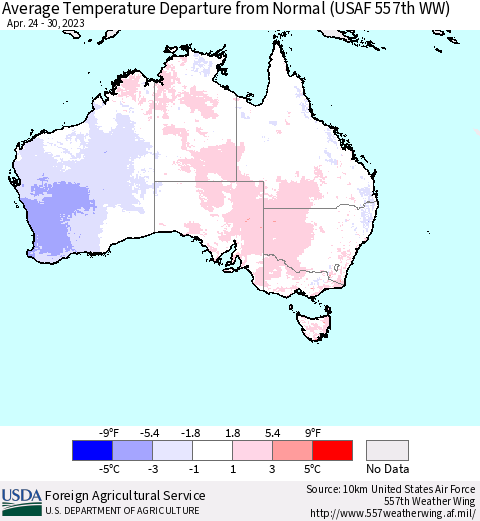 Australia Average Temperature Departure from Normal (USAF 557th WW) Thematic Map For 4/24/2023 - 4/30/2023