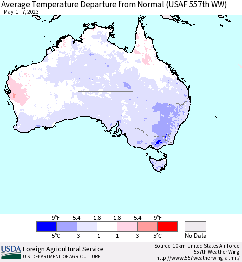 Australia Average Temperature Departure from Normal (USAF 557th WW) Thematic Map For 5/1/2023 - 5/7/2023