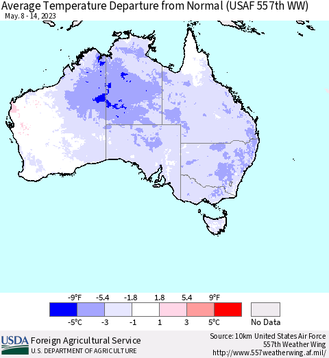 Australia Average Temperature Departure from Normal (USAF 557th WW) Thematic Map For 5/8/2023 - 5/14/2023