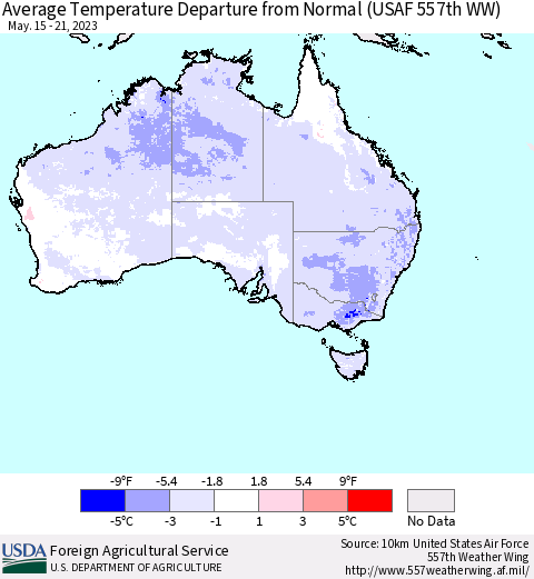 Australia Average Temperature Departure from Normal (USAF 557th WW) Thematic Map For 5/15/2023 - 5/21/2023