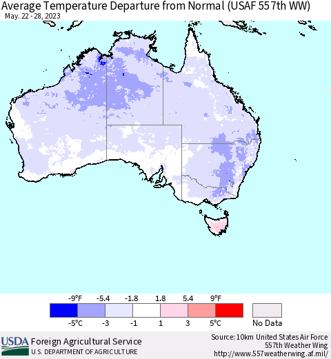 Australia Average Temperature Departure from Normal (USAF 557th WW) Thematic Map For 5/22/2023 - 5/28/2023