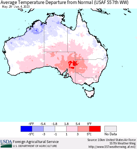 Australia Average Temperature Departure from Normal (USAF 557th WW) Thematic Map For 5/29/2023 - 6/4/2023