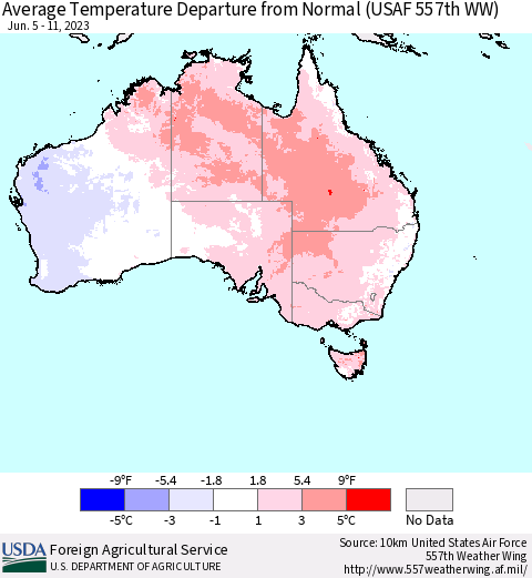 Australia Average Temperature Departure from Normal (USAF 557th WW) Thematic Map For 6/5/2023 - 6/11/2023