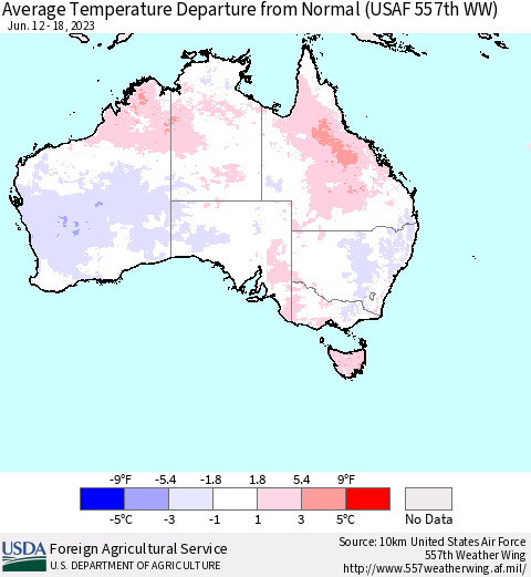 Australia Average Temperature Departure from Normal (USAF 557th WW) Thematic Map For 6/12/2023 - 6/18/2023