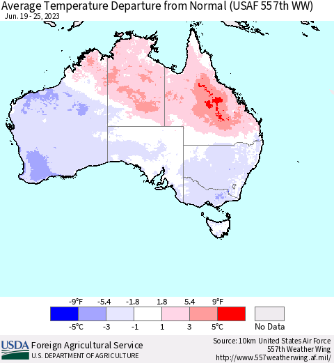 Australia Average Temperature Departure from Normal (USAF 557th WW) Thematic Map For 6/19/2023 - 6/25/2023