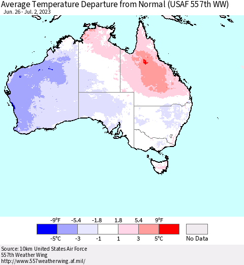 Australia Average Temperature Departure from Normal (USAF 557th WW) Thematic Map For 6/26/2023 - 7/2/2023