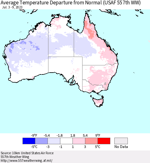 Australia Average Temperature Departure from Normal (USAF 557th WW) Thematic Map For 7/3/2023 - 7/9/2023