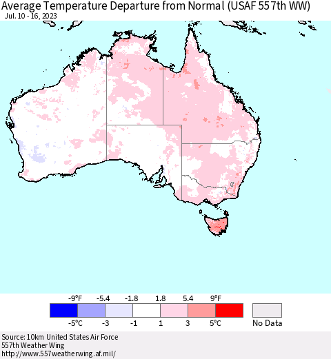 Australia Average Temperature Departure from Normal (USAF 557th WW) Thematic Map For 7/10/2023 - 7/16/2023
