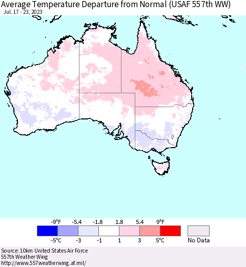 Australia Average Temperature Departure from Normal (USAF 557th WW) Thematic Map For 7/17/2023 - 7/23/2023