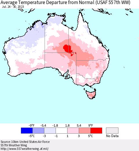 Australia Average Temperature Departure from Normal (USAF 557th WW) Thematic Map For 7/24/2023 - 7/30/2023