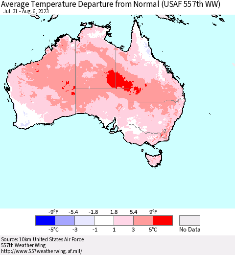 Australia Average Temperature Departure from Normal (USAF 557th WW) Thematic Map For 7/31/2023 - 8/6/2023