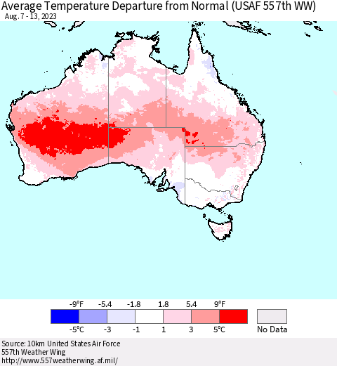 Australia Average Temperature Departure from Normal (USAF 557th WW) Thematic Map For 8/7/2023 - 8/13/2023