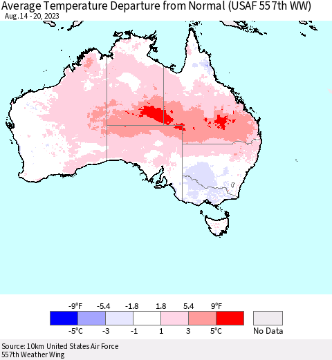 Australia Average Temperature Departure from Normal (USAF 557th WW) Thematic Map For 8/14/2023 - 8/20/2023