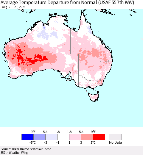 Australia Average Temperature Departure from Normal (USAF 557th WW) Thematic Map For 8/21/2023 - 8/27/2023