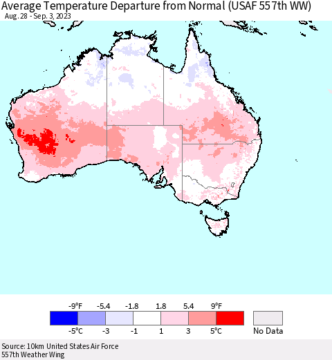 Australia Average Temperature Departure from Normal (USAF 557th WW) Thematic Map For 8/28/2023 - 9/3/2023