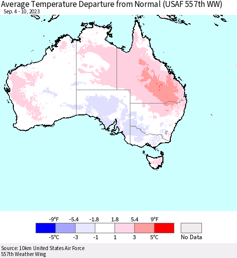Australia Average Temperature Departure from Normal (USAF 557th WW) Thematic Map For 9/4/2023 - 9/10/2023