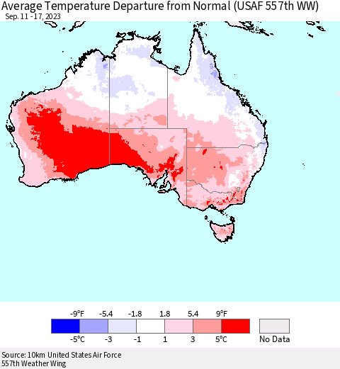 Australia Average Temperature Departure from Normal (USAF 557th WW) Thematic Map For 9/11/2023 - 9/17/2023