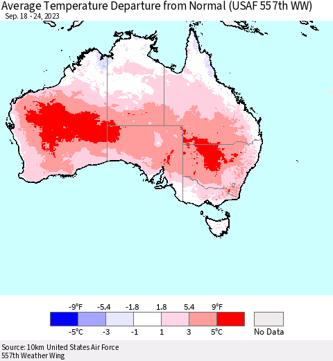 Australia Average Temperature Departure from Normal (USAF 557th WW) Thematic Map For 9/18/2023 - 9/24/2023