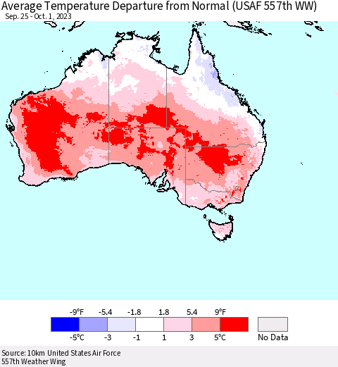 Australia Average Temperature Departure from Normal (USAF 557th WW) Thematic Map For 9/25/2023 - 10/1/2023