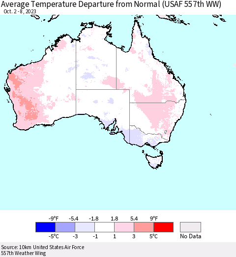 Australia Average Temperature Departure from Normal (USAF 557th WW) Thematic Map For 10/2/2023 - 10/8/2023